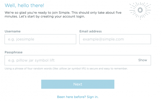 Simple's signup page with a passphrase.