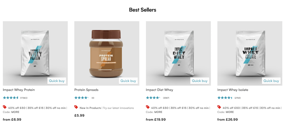 Example of best sellers product recommendation on myprotein.com.