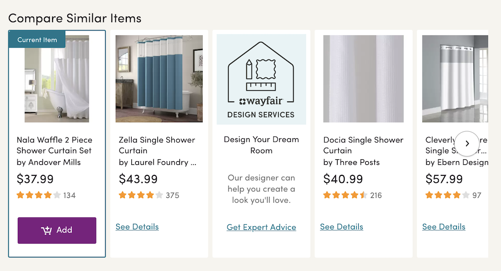 Example of recommended similar products on Wayfair.