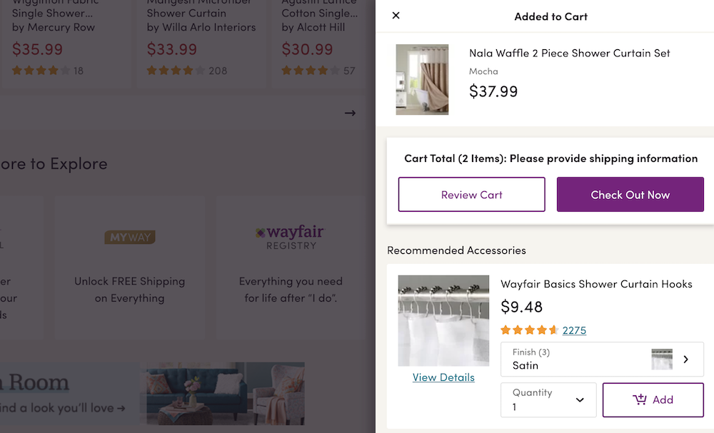 Example of recommending accessories for the products in the cart, from Wayfair.