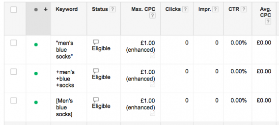 Example of adding all three match types.