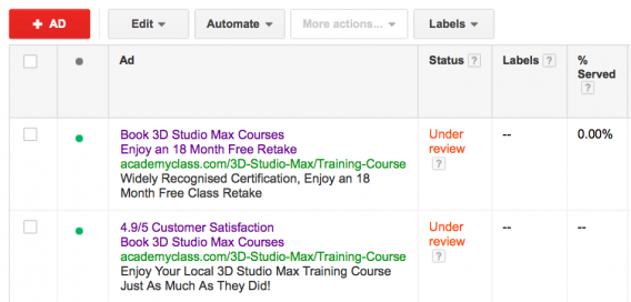 What ad testing looks like inside a Google Ads account.