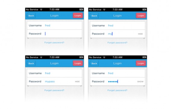 example of passwords masked/unmasked in a mobile form.