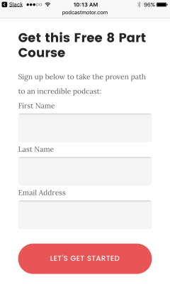 PodcastMotor academy signup form.