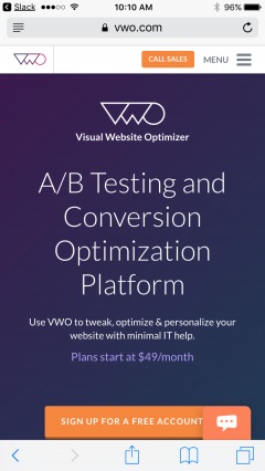 VWO homepage with phone number.