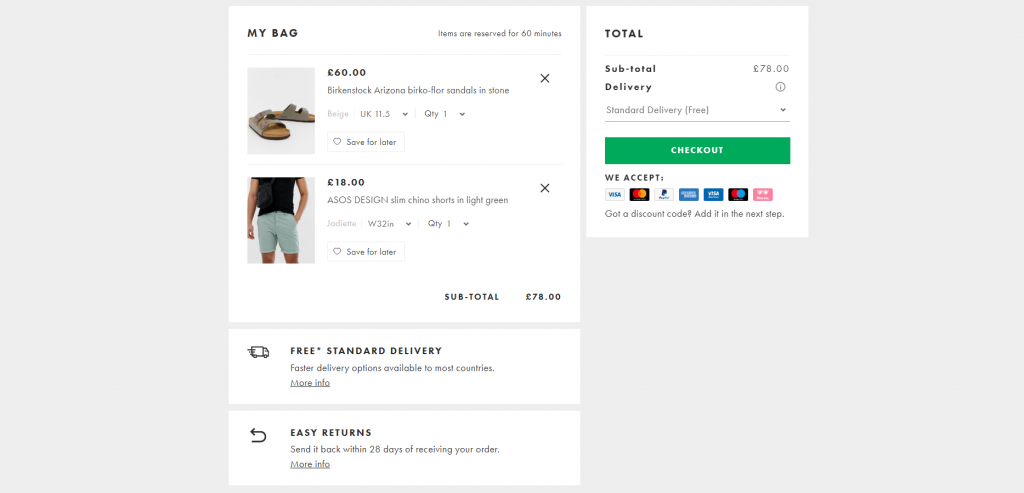 asos cart page prior to checkout