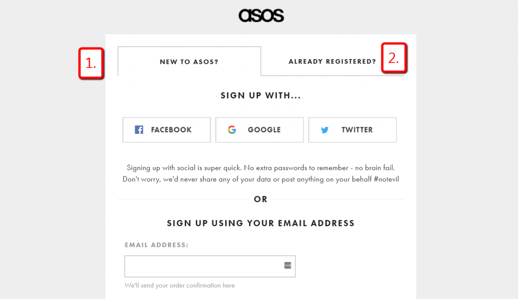 asos new or returning customers signup