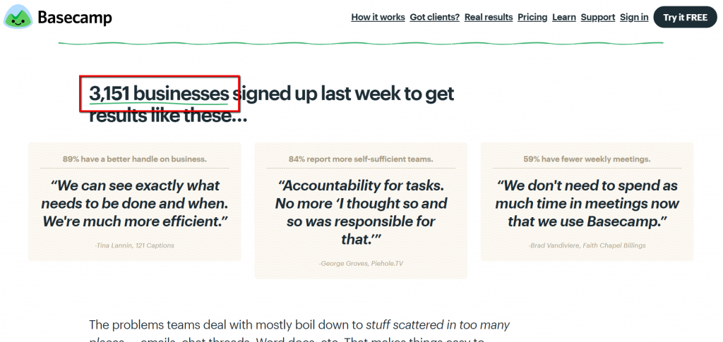 basecamp adding social proof to homepage
