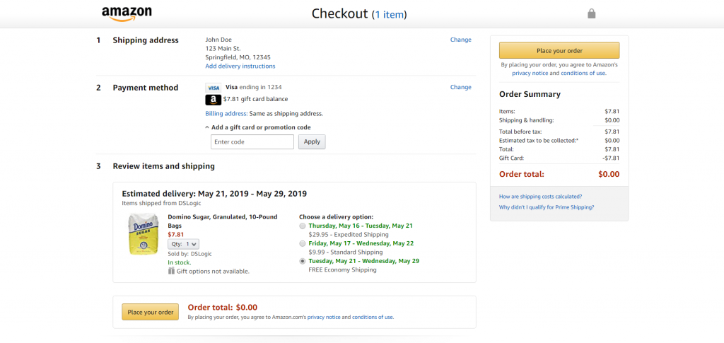 example of streamlined checkout page on amazon.