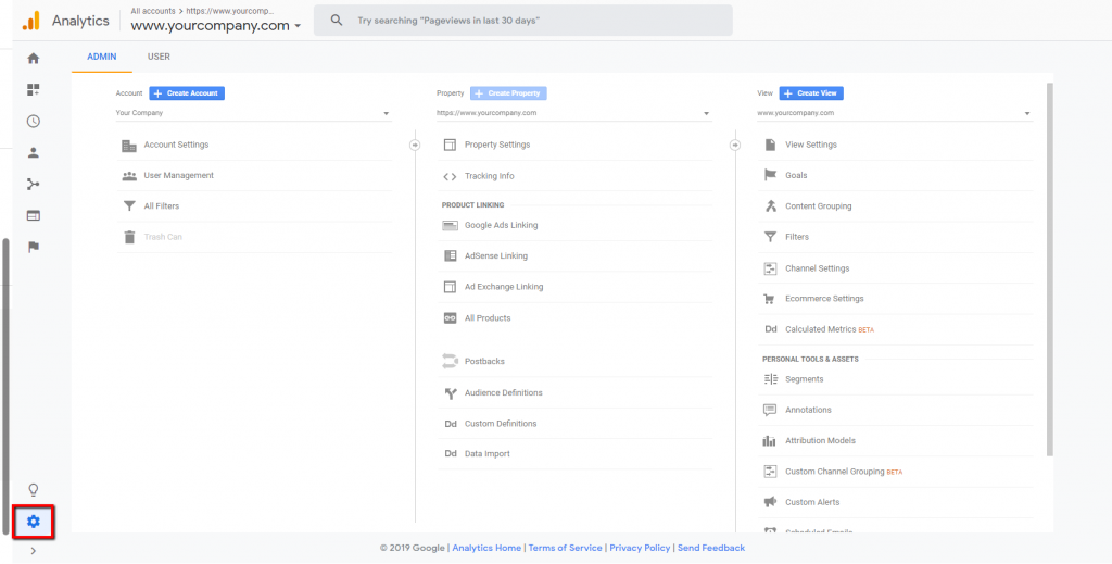 google analytics admin screen.