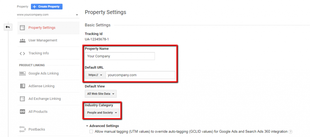 property name, default url, and industry category settings in google analytics.