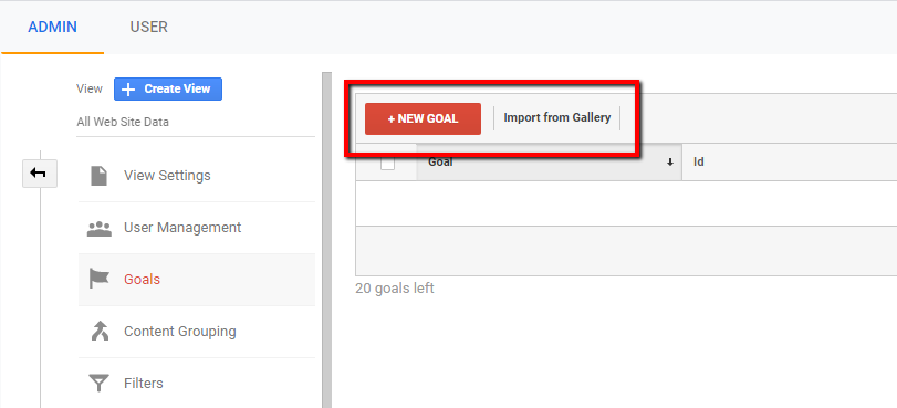 create new goal in google analytics.