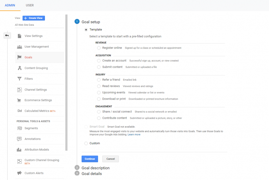 goal setup for google analytics.