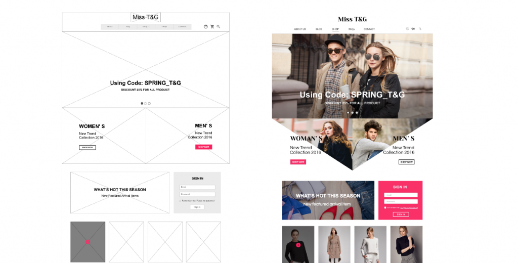 wireframes and site example for fashion ecommerce.