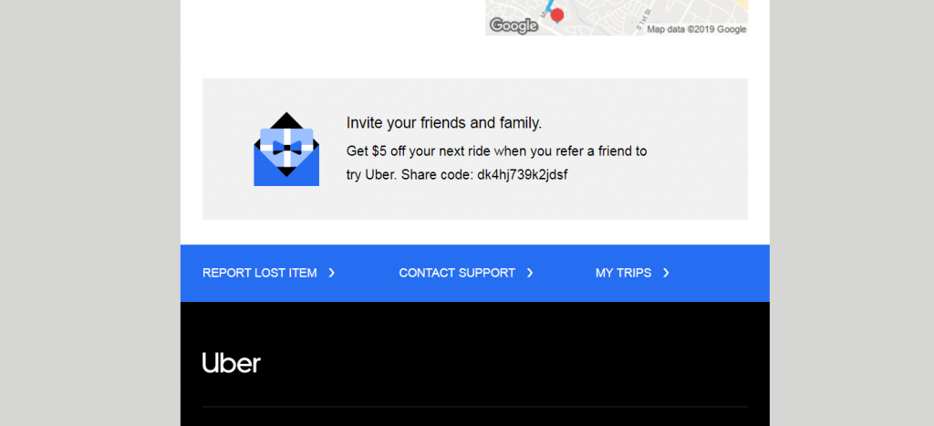 uber email receipt with offer to invite others.