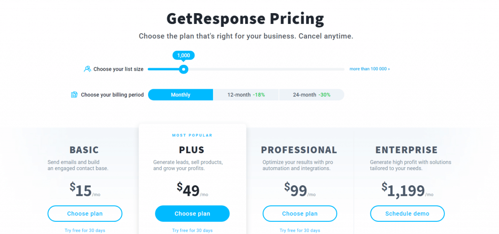 getresponse pricing page that offers an 18% annual discount.