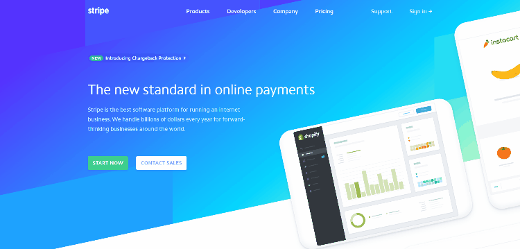 stripe homepage showcasing value proposition.