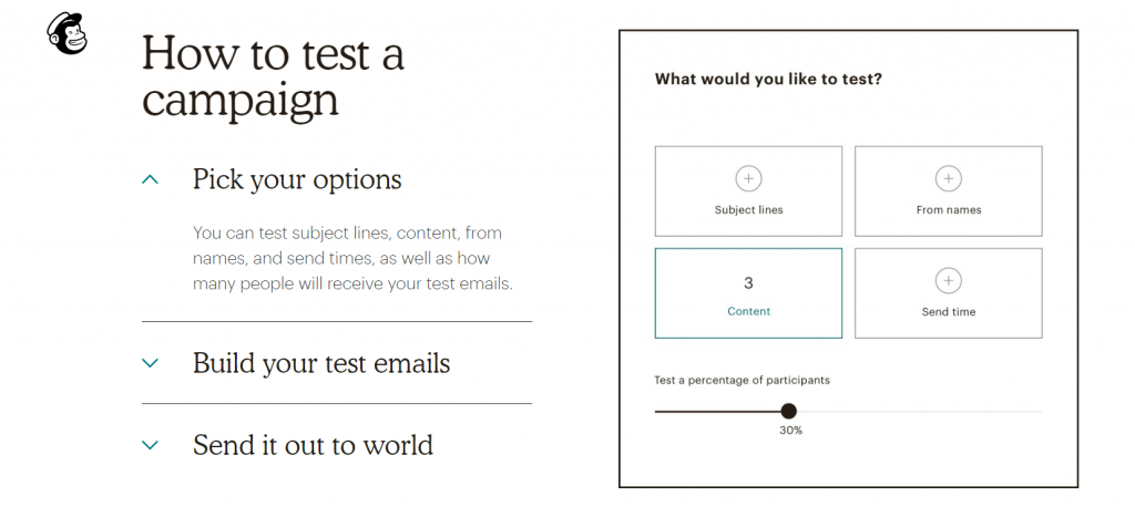 mailchimp example of email test options.