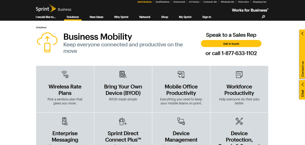 sprint business website with consistent, layered navigation design.