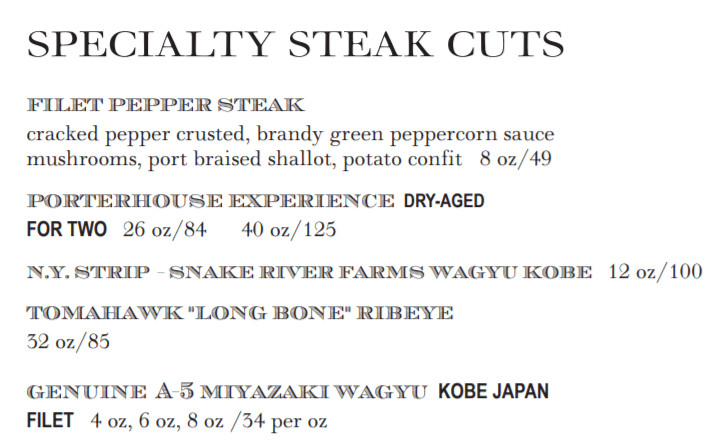 example of price anchoring on a menu.