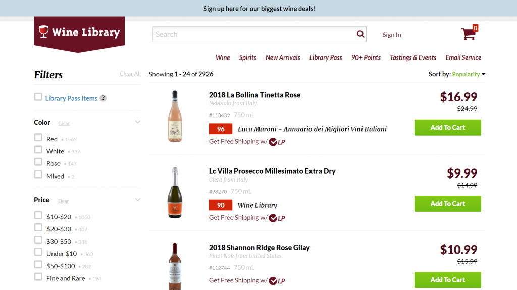 example of good filtering ability on a wine website.