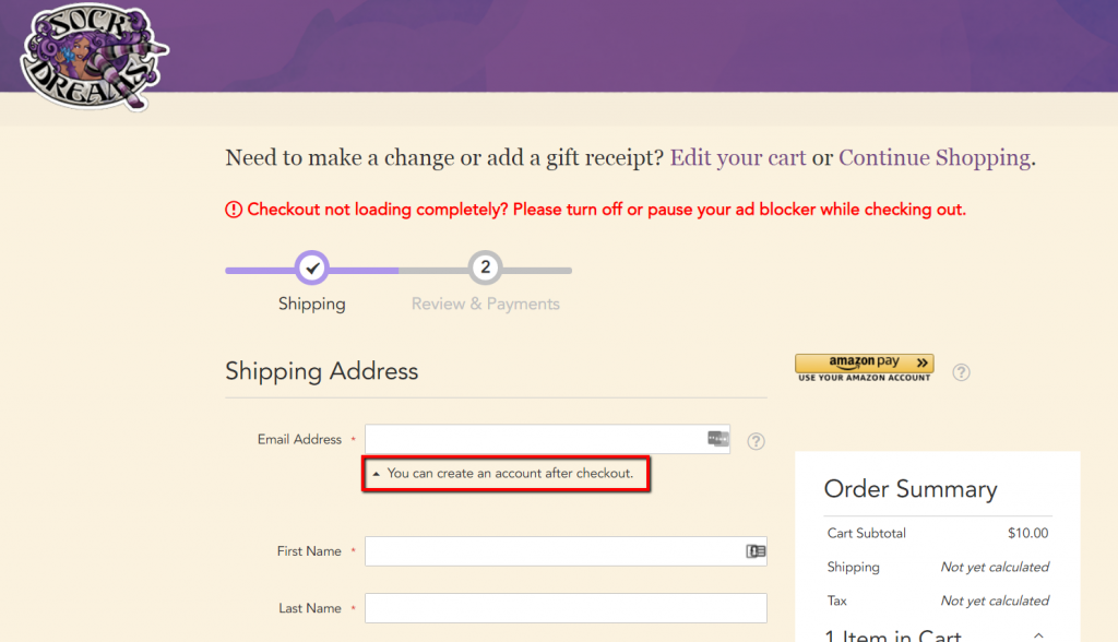 example of checkout process without registration option.