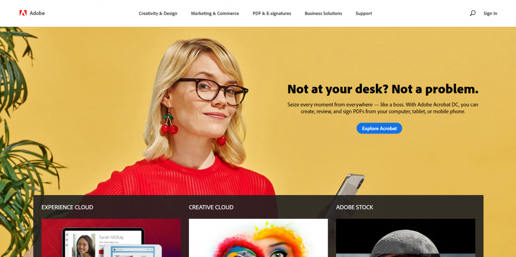 adobe homepage with a single offer (no carousel).