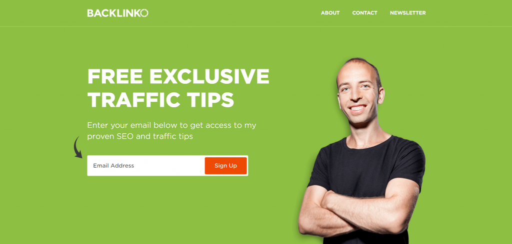 Screenshot of the backlinko homepage as an example of reciprocity. Relevant text reads: Free exclusive traffic tips. Enter your email below to get access to my proven SEO and traffic tips