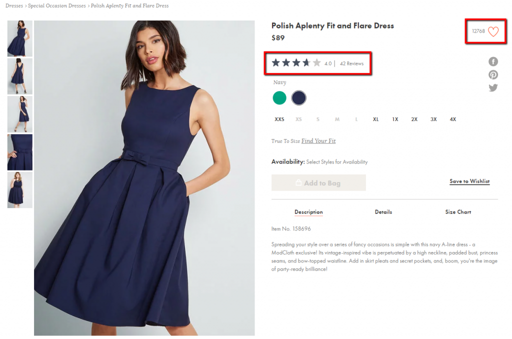 example of ecommerce product page using social proof.