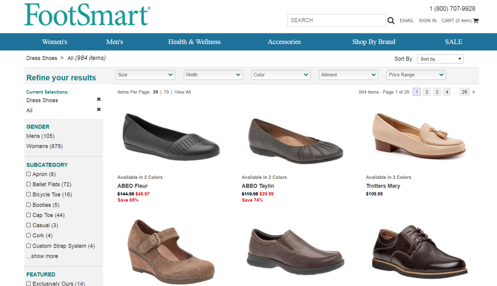 example of internal site search results from footsmart.