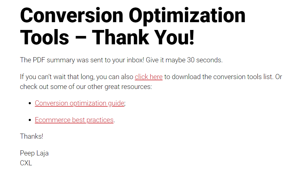 example of thank-you page that also serves as a destination url for a google analytics goal.