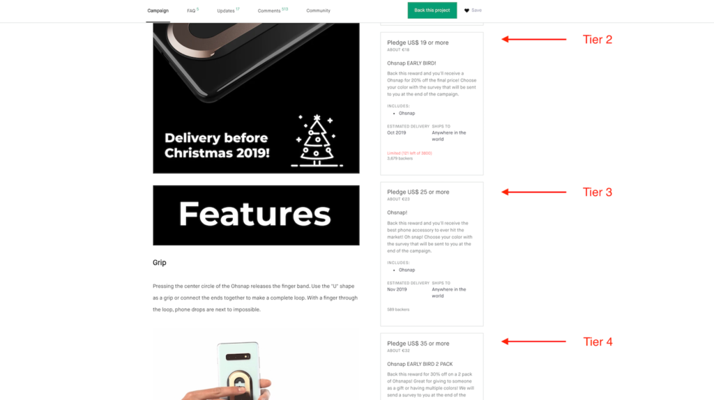 Example of tiered rewards on Kickstarter projects.