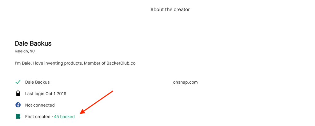 "About the creator" section on Kickstarter projects, indicating the number of backed projects.