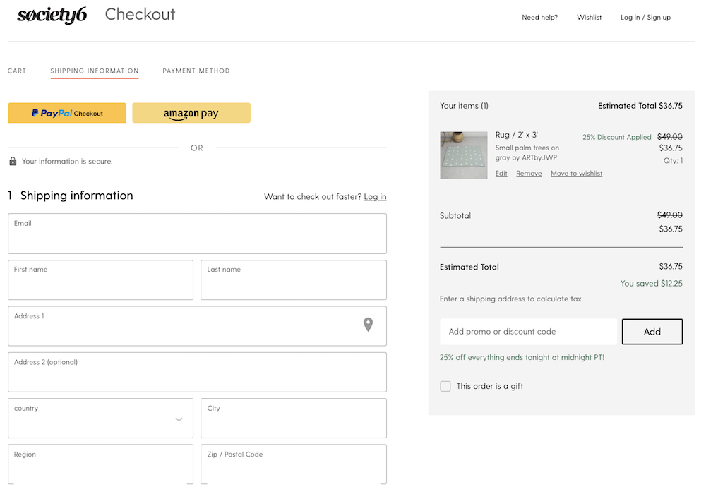 Example of a long checkout form at Society6.