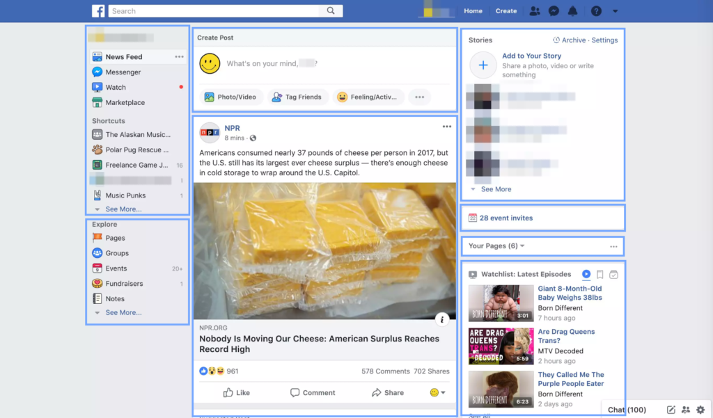 Screenshot showing how Facebook homepage loads in chunks.