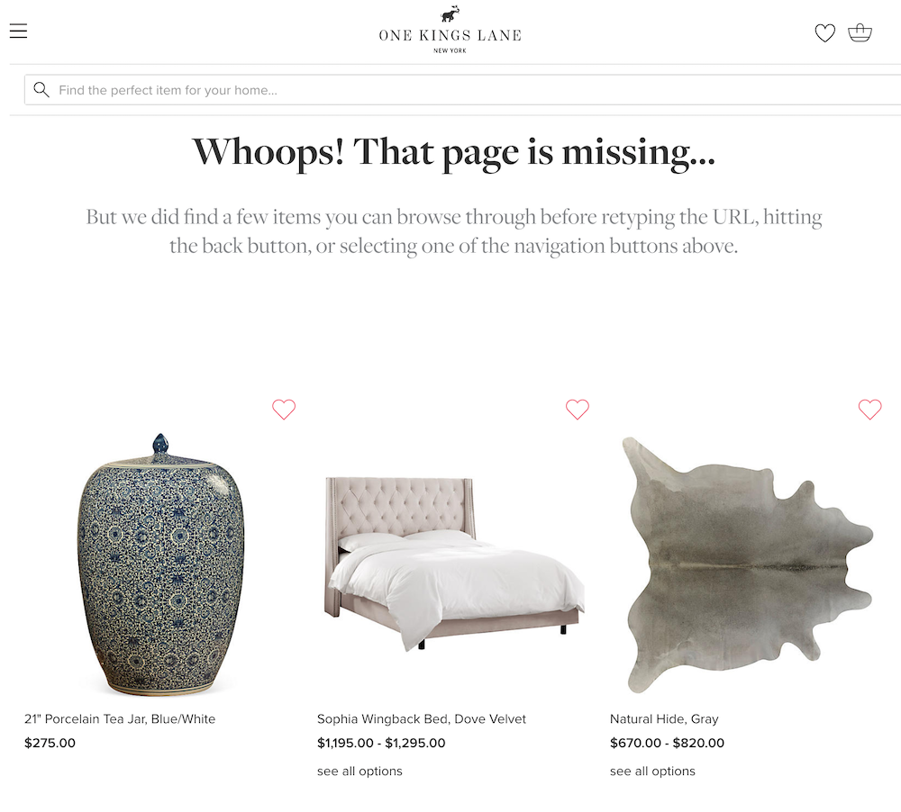 Example of a 404 page with product recommendations.