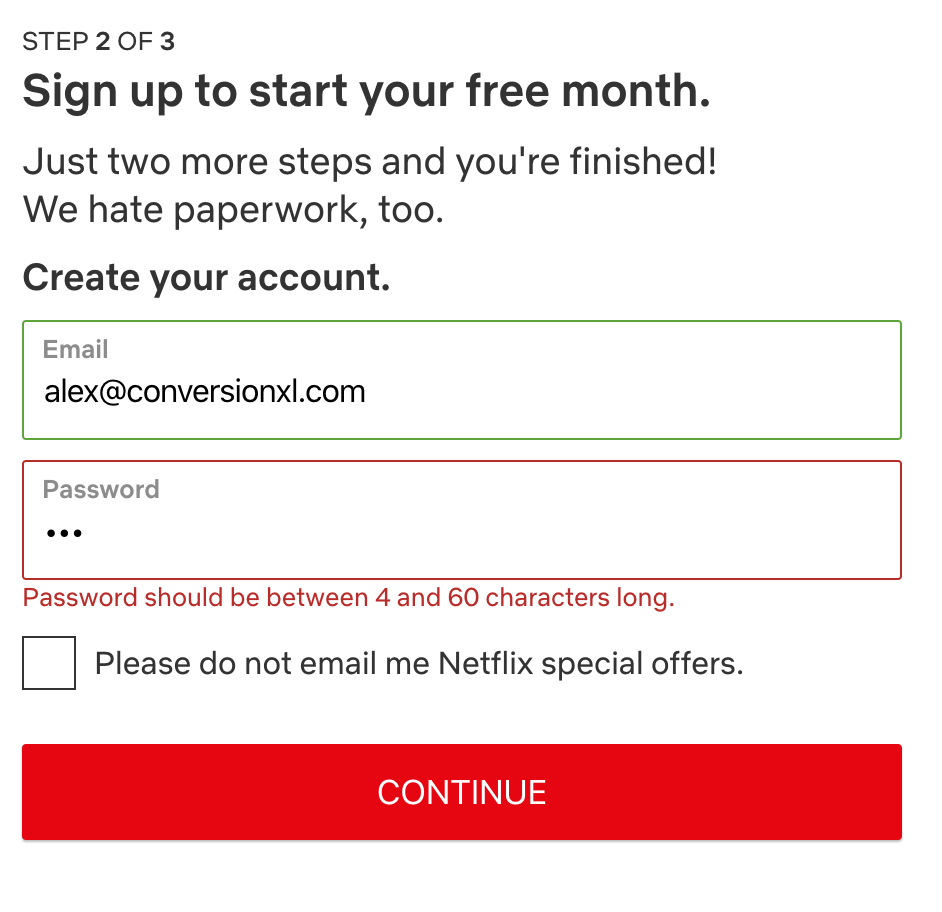 Example of inline form validation from Netflix.