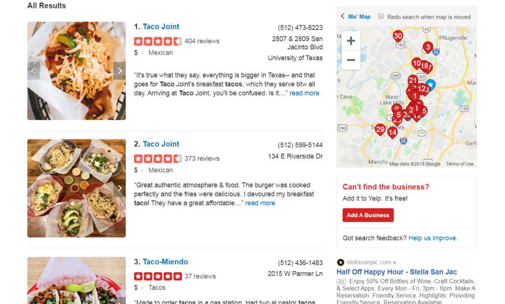 example of reviews on yelp.