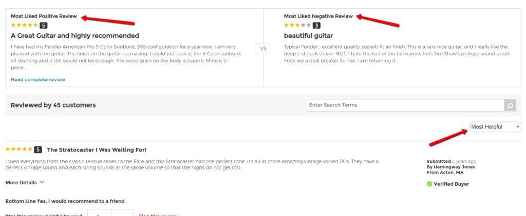 example of review layout that includes most liked negative and positive reviews, and orders reviews by most helpful.