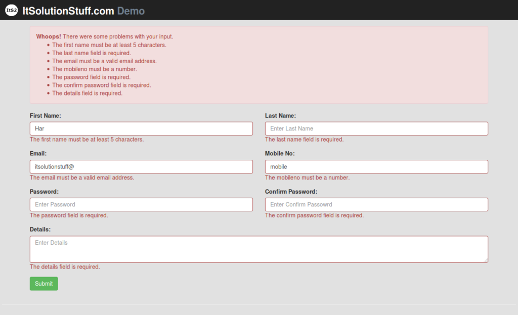 Stacked error messages on a form.