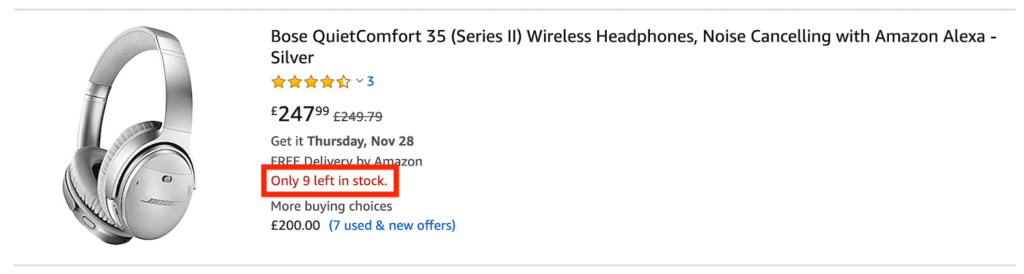 The example of Amazon using scarcity with low stock messages.