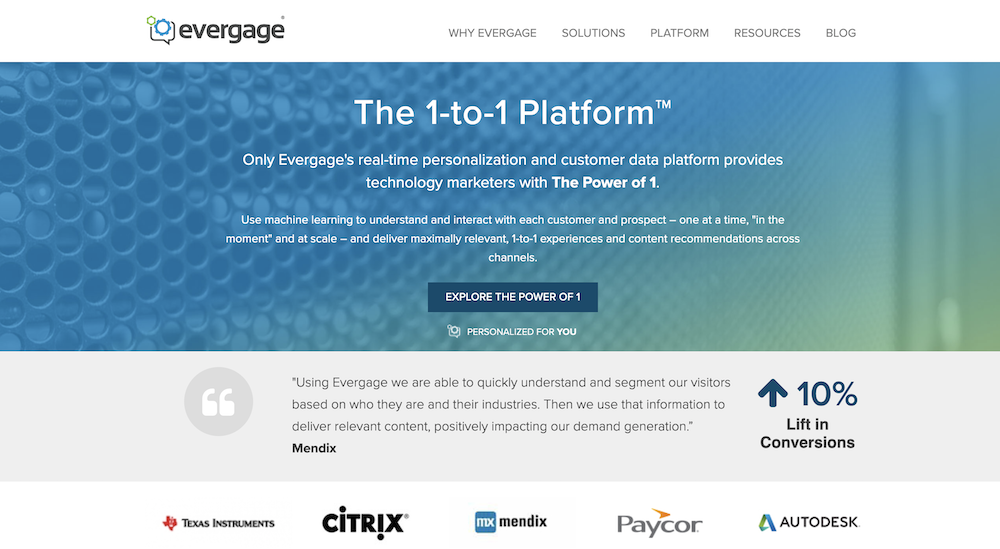 Evergage homepage.