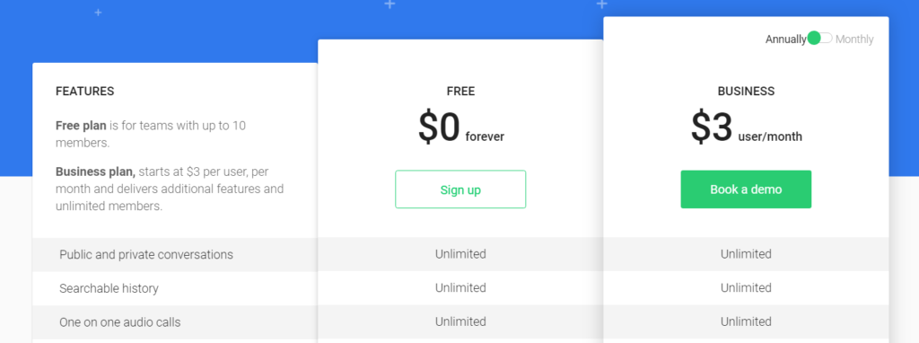chanty pricing page.