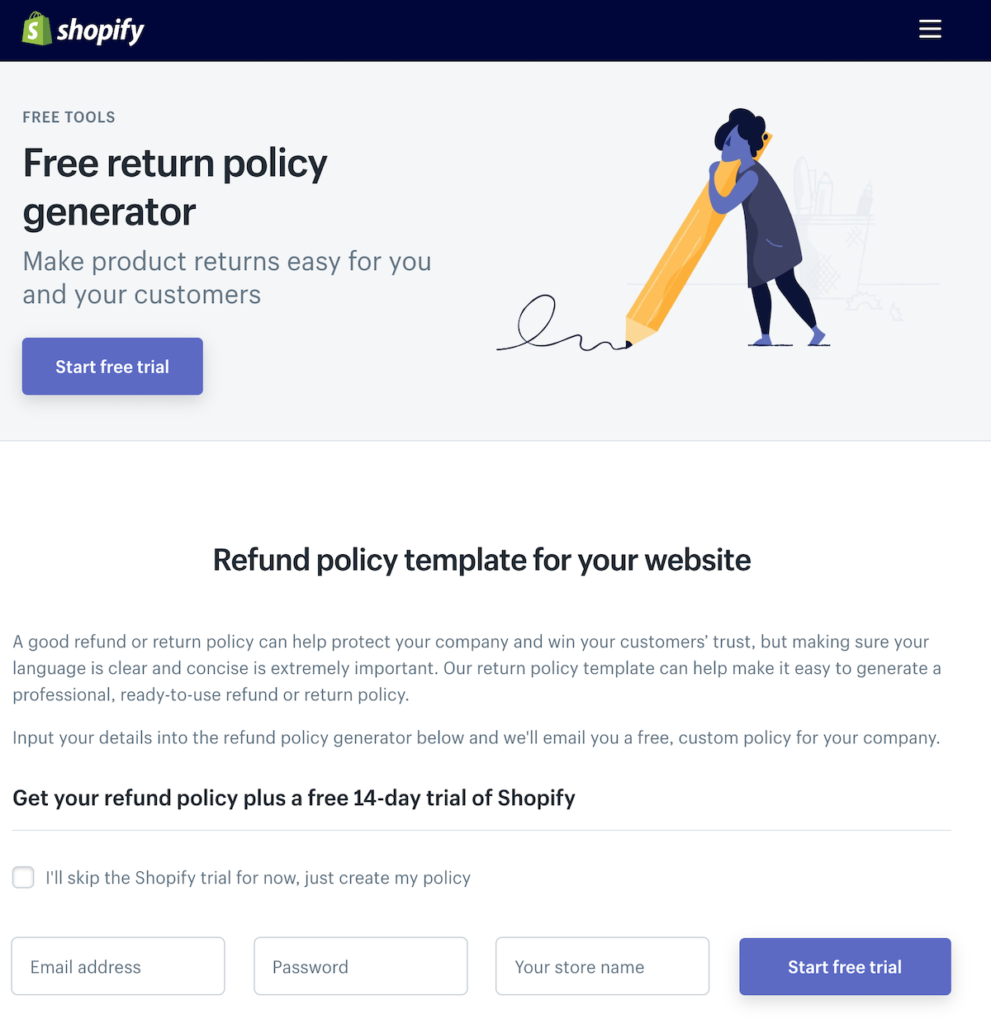 Shopify free return policy generator lead magnet.