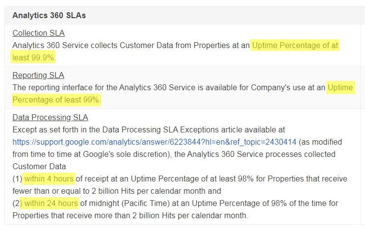google analytics 360 sla.