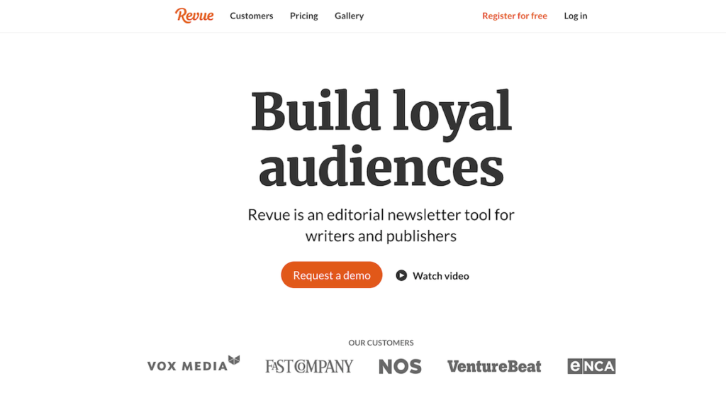 Revue's homepage with a 'watch video' button.