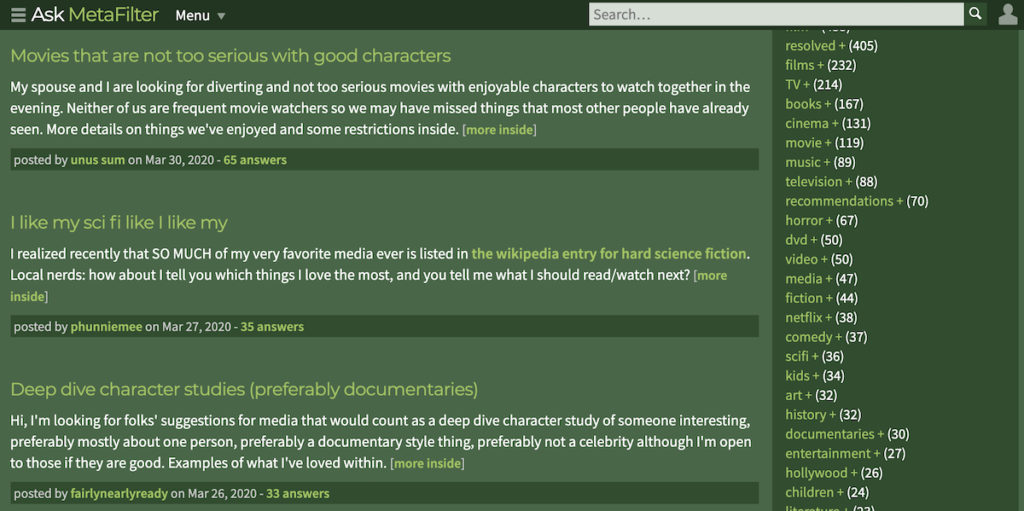 MetaFilter screenshot.