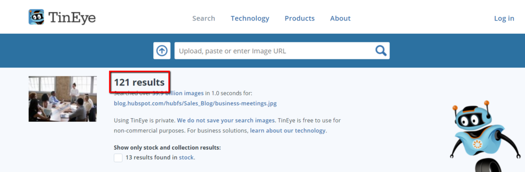 example of tineye results for a stock photo.