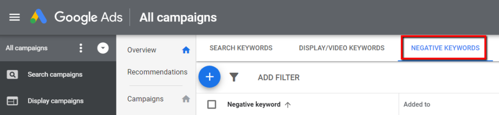 negative keywords in google ads interface.