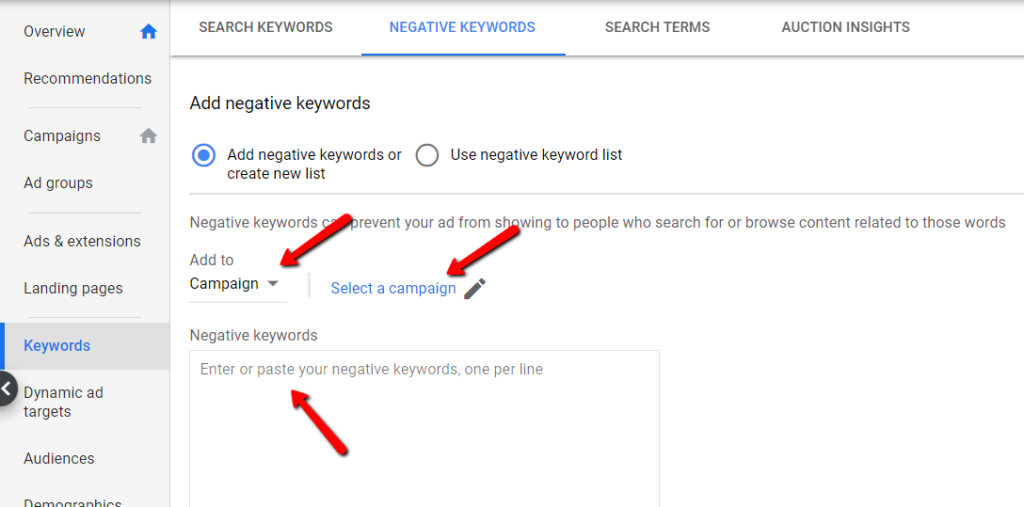 adding negative keywords at the campaign level.